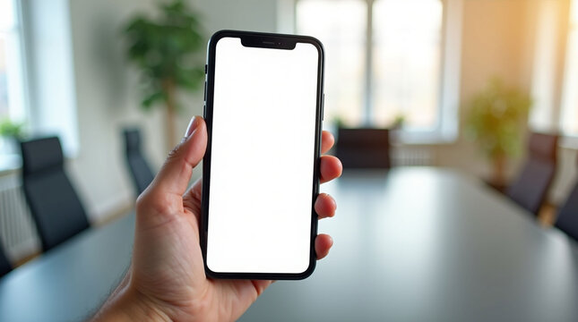 Hand Holding Modern Smartphone with White Screen Mockup in Bright Corporate Office Setting: App Display Template