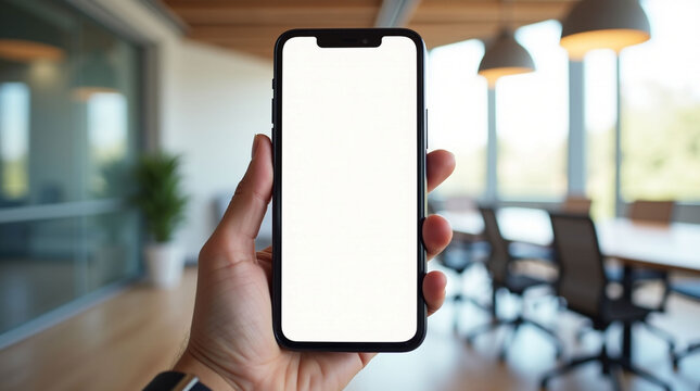 Hand Holding Modern Smartphone with White Screen Mockup in Bright Corporate Office Setting: App Display Template