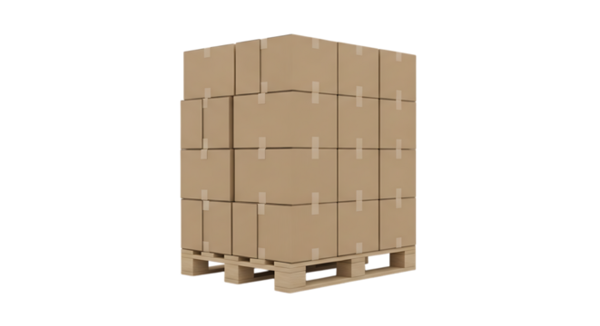 Stack of cardboard boxes on a wooden pallet, isolated on a transparent background, cutout, PNG