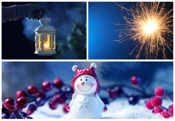 Christmas and New Year celebration. Festive themed collage of pictures with decor and numbers 2026