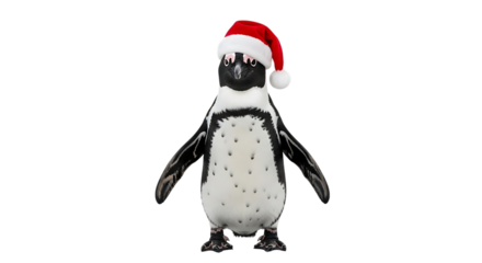 Penguin wearing a red Santa hat with white trim and pompom, isolated on a transparent background, cutout, PNG