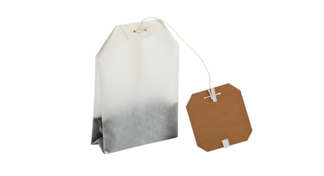 White paper tea bag with brown tag and white string, isolated on a transparent background, cutout, PNG - Powered by Adobe