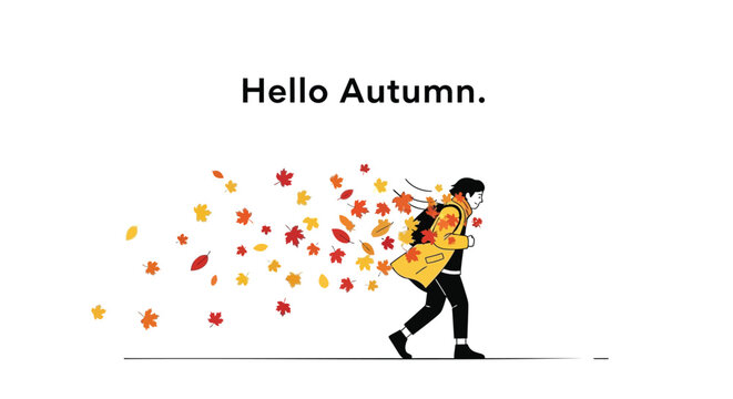 Man walking with a backpack as autumn leaves swirl around him in a vibrant seasonal display