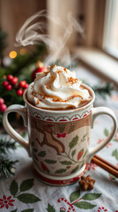 A steaming cup of coffee topped with whipped cream and cinnamon sits on a festive tablecloth