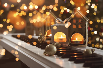 Merry Christmas and Happy Holidays. Greeting card with festive decorations on piano and bokeh lights
