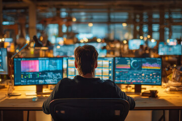 Person monitoring complex data visualizations and analytics on multiple widescreen monitors in a modern technology office environment during nighttime work hours