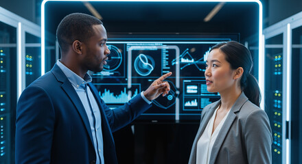 Two diverse IT professionals, a man and a woman, collaborating and analyzing data on a futuristic screen in a modern server room.