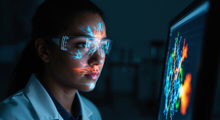 Scientist in a dark laboratory analyzing complex data on a computer screen, with futuristic information projected onto her face and safety glasses.