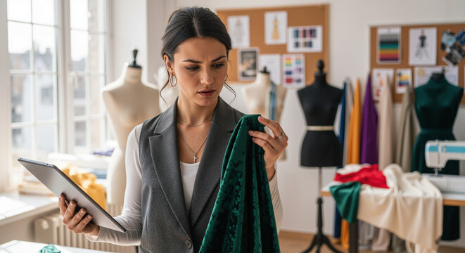 Focused fashion designer examining green fabric in her studio. Creative female entrepreneur working on a new collection in a tailor workshop.