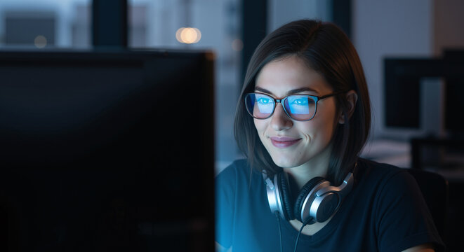 Focused female programmer wearing glasses works on a computer late at night in a dark office, smiling with satisfaction.