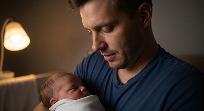 Loving father holding his sleeping newborn baby in a dark room at night, a tender moment of bonding and parenthood.