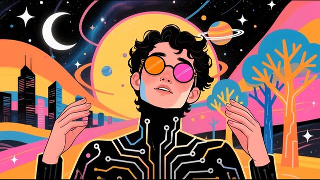 A young person stands confidently in a colorful landscape filled with cosmic elements.