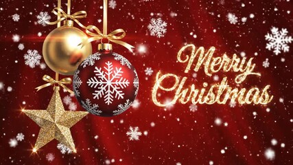 Festive Merry Christmas greeting card with hanging ornaments and snowflakes on a rich red background with gold accents and a warm joyful mood. - Powered by Adobe