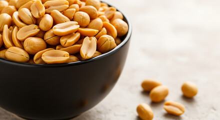 Close-up of roasted peanuts in a black bowl on a textured surface, with a few nuts scattered around