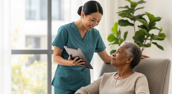 Caring Asian nurse with a tablet comforts a smiling senior African American woman patient in a nursing home or assisted living facility.