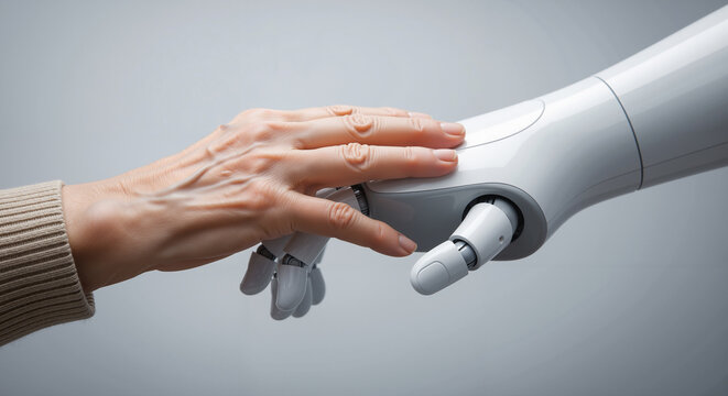 Elderly human hand touching a futuristic robot arm, symbolizing the connection between humanity and artificial intelligence in healthcare and support.