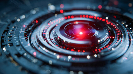 Futuristic technology concept with glowing red light emanating from central circular device surrounded by intricate mechanical layers and digital elements