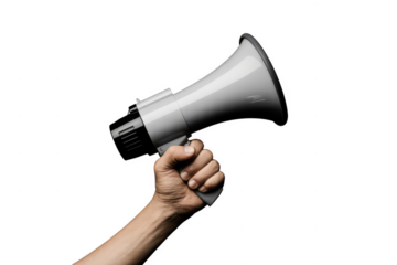 Hand holding a loud megaphone for public announcement news tool grey gray on transparent background