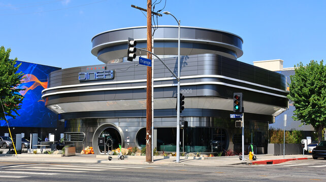 Los Angeles, California &ndash; October 22, 2025: TESLA Diner, located at 7001 Santa Monica Blvd &ndash; Retro-futuristic diner, Supercharger station and drive-in theatre by Tesla, Inc.