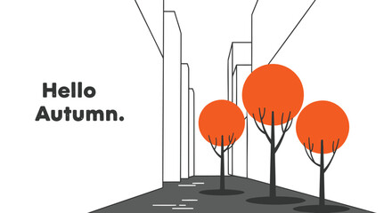 Stylized illustration of bright orange autumn trees lining a path with the text hello autumn