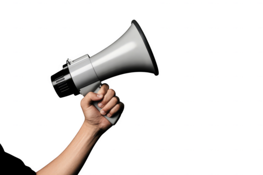 A hand firmly grips a classic gray megaphone ready to amplify a message isolated on transparent background