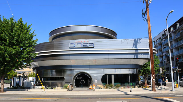 Los Angeles, California &ndash; October 22, 2025: TESLA Diner, located at 7001 Santa Monica Blvd &ndash; Retro-futuristic diner, Supercharger station and drive-in theatre by Tesla, Inc.