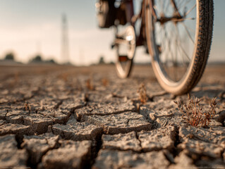 Bicycle tire moving across cracked dry earth in arid landscape symbolizing drought and environmental challenges under warm natural light