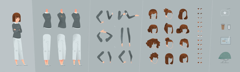 Elegant Businesswoman Character Constructor in Cartoon Design. Editable Vector Set With Swappable Poses, Limbs, Hairstyles, and Clothes. European Female Character For Creative Customization