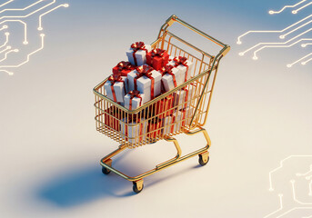 3D Illustration of a Golden Shopping Cart Filled with Festive Gift Boxes on a Digital Background