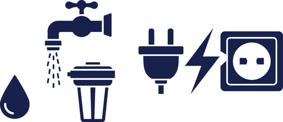 Water tap with dripping water, filter, electric plug, and wall socket with lightning bolt faucet