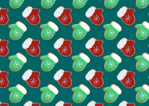 Christmas cookies on green background, top view. Pattern design