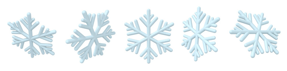 Frosted snowflake vector icon set with 5 unique soft blue winter ice crystal shapes for holiday and seasonal designs. High detailed 3d render, isolated, for festive digital artwork and winter designs.