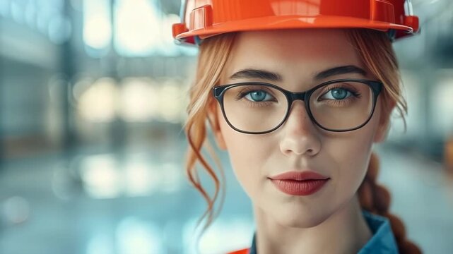 Woman wearing safety helmet and glasses in industrial workplace