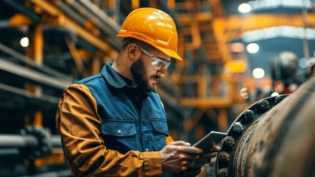 Industrial worker with hard hat examining heavy machinery on a factory floor using a tablet device for project management and diagnostics.