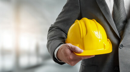 Businessman or engineer in formal suit holding a yellow construction helmet symbolizing safety and professionalism in construction industry environment