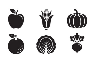 Collection of six stylized black and white fruit and vegetable icons