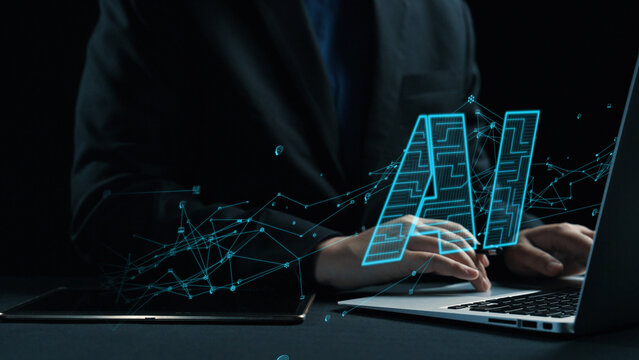 A businessman interacts with a laptop while surrounded by AI technology visuals, symbolizing the fusion of digital innovation and data analytics in a modern workspace. Cipher