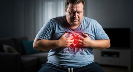 Overweight man grasping chest with intense heart pain at home. Obesity and poor nutrition cause cardiovascular disease, high blood pressure, and a heart attack risk.