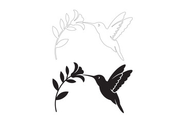 Black silhouette hummingbird feeding on a branch with delicate outline above