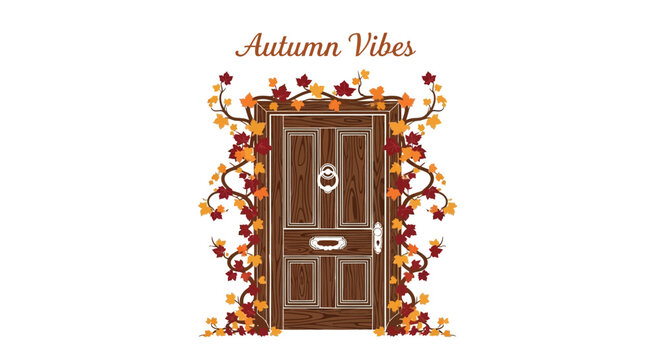 Cozy autumn vibes a rustic wooden door adorned with vibrant fall foliage and leaves