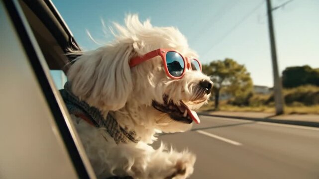 A fluffy white dog wearing sunglasses sticking its head out of a car window video 4k
