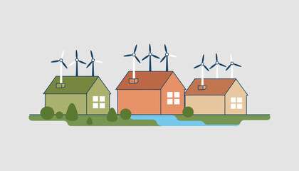 Naklejka premium A series of smaller wind turbines on residential rooftops promoting decentralized energy solutions and environmental consciousness in urban areas.