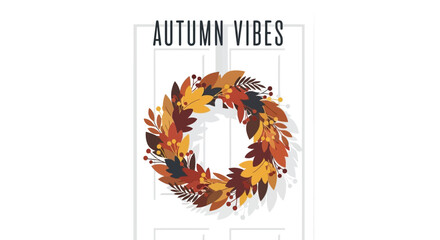 Festive autumn vibes wreath with colorful fall leaves decorating a white door