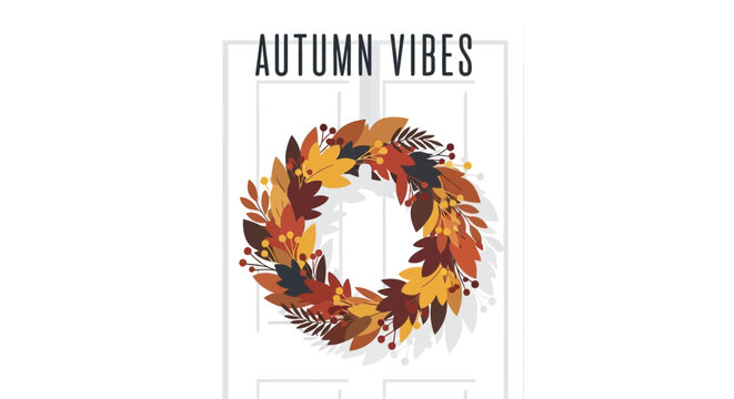 Festive autumn vibes wreath with colorful fall leaves decorating a white door