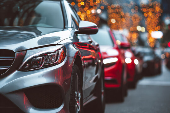 Luxury sedan parked on a city street during evening with festive lights creating warm bokeh effect in the background and urban atmosphere