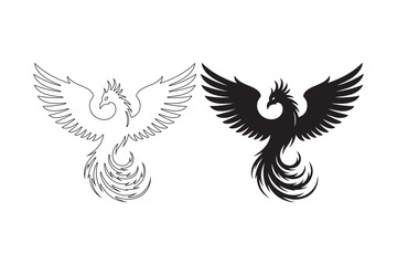 Fototapeta premium Two stylized phoenix designs one outline one silhouette