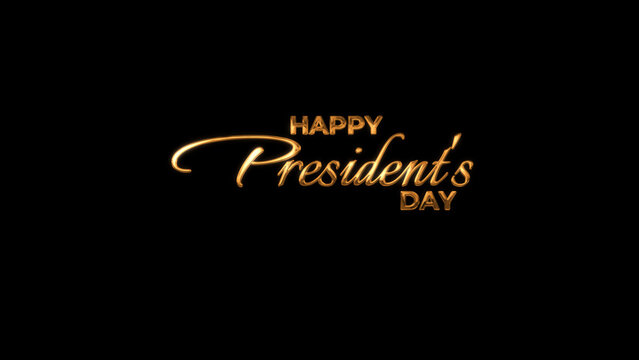 Elegant golden calligraphy and lettering text of "Happy President's Day" on black background. Perfect for greeting cards, holiday banners, social media posts, and celebration designs.