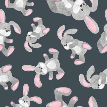 Cute toy banny seamless pattern. Vector watercolor ilustration