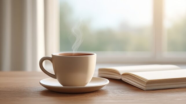 student lifestyle content creat A steaming cup of coffee sits on a wooden table beside an open book, illuminated by natural light.
