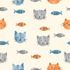 Seamless cat and fish pattern. Vector nursery watercolor illustration